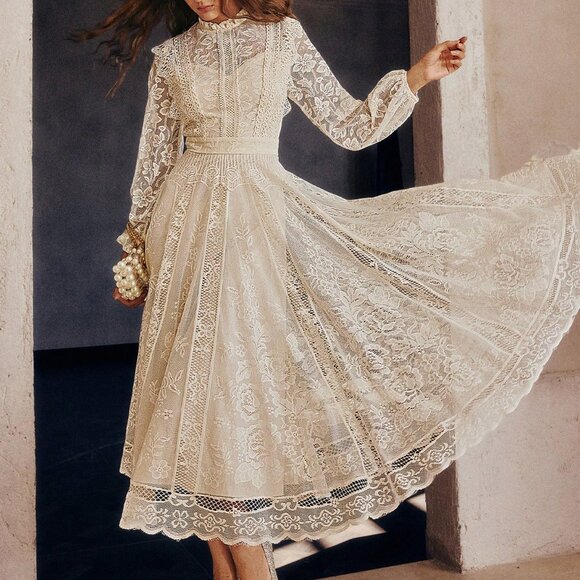 Apricot Elegant Women's Lace Flared Hem Long Sleeve Party Dress - Picture 5 of 7